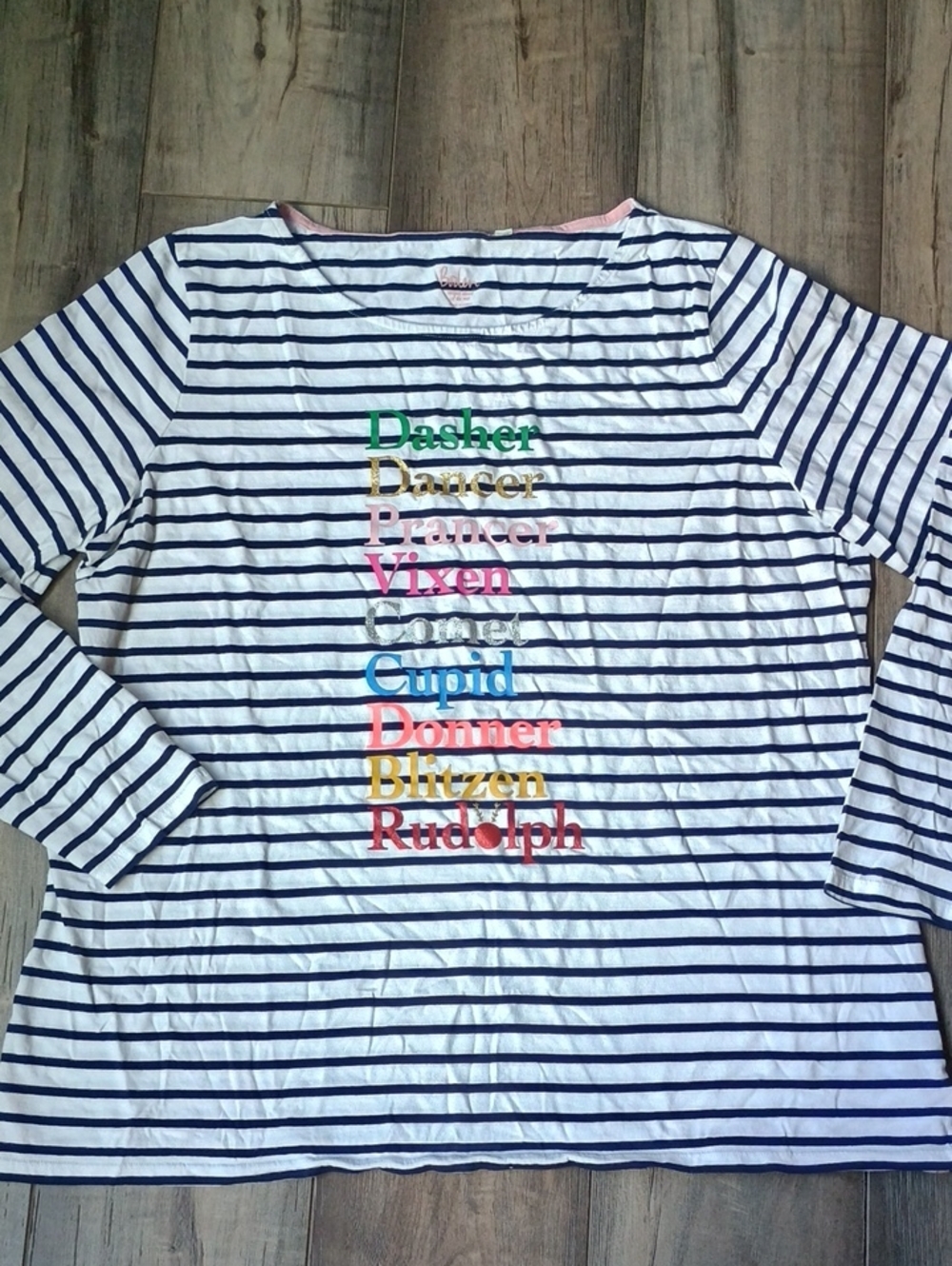 Boden White & Navy Striped Long-Sleeve Top with Multicolor Reindeer Names
